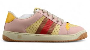 Gucci Pink and Yellow Suede Sneakers with Signature Web Stripe