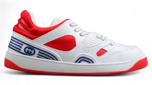 Gucci Red and White Leather Sneakers with Blue Logo Accents